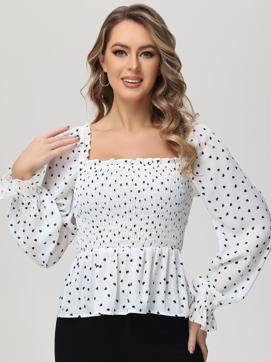 Women 89th + Madison Tops | Heart Print Smocked Peplum Blouse Fluttering Love Black