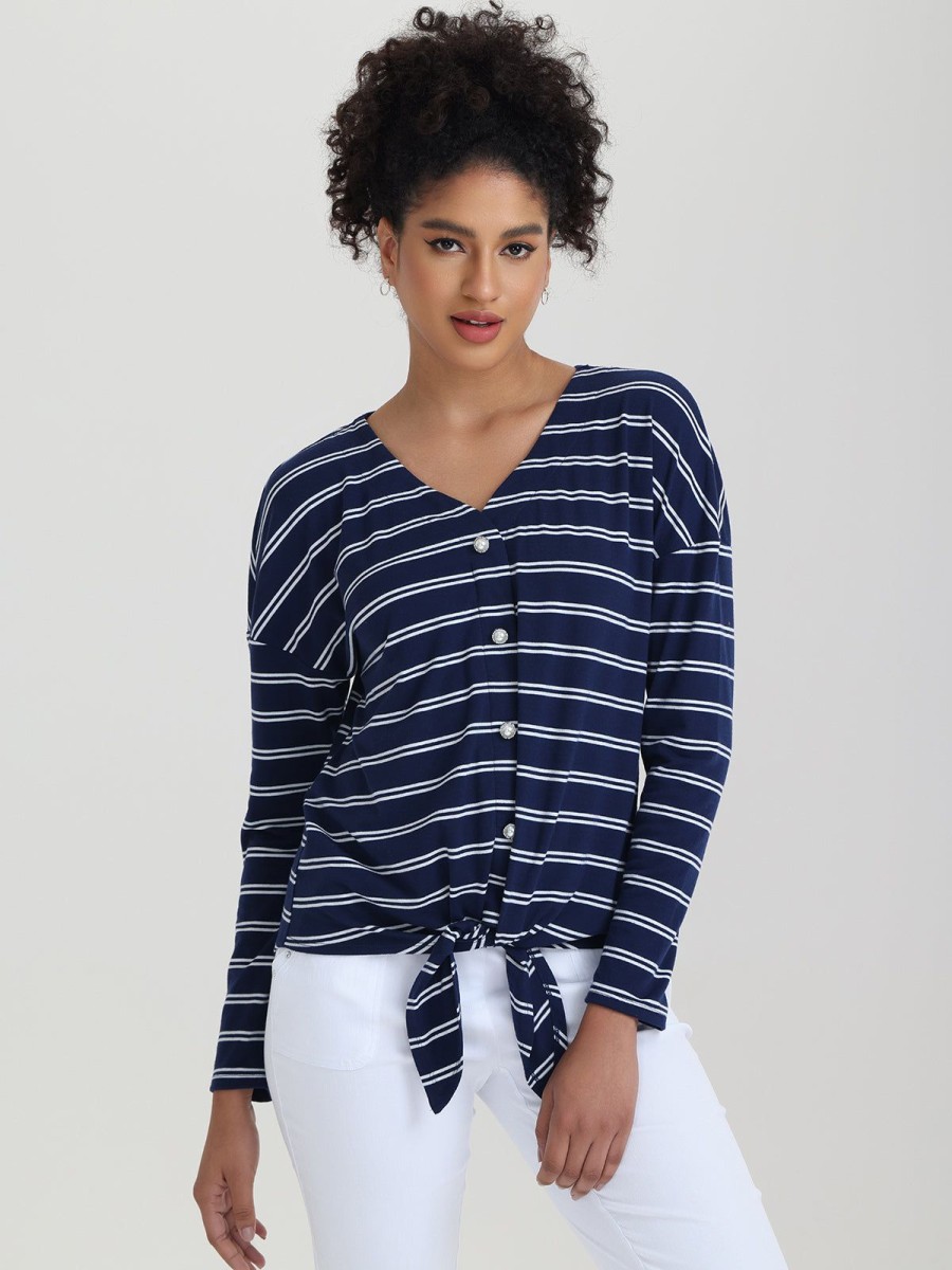 Women 89th + Madison Tops | Stripe V-Neck Tie Front Top