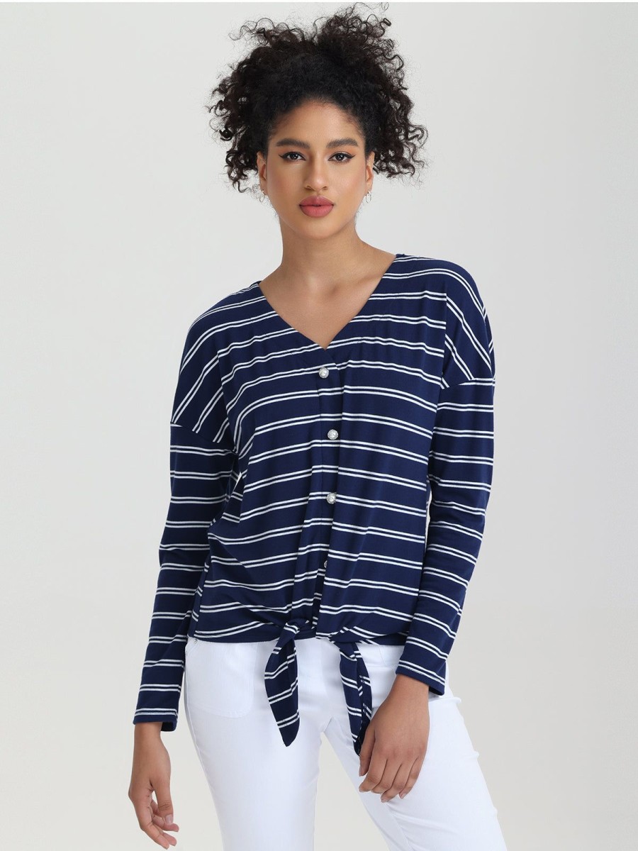 Women 89th + Madison Tops | Stripe V-Neck Tie Front Top