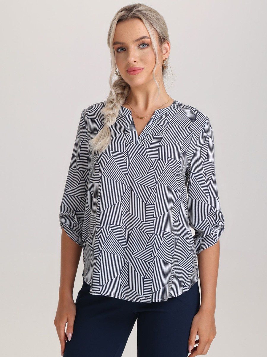 Women 89th + Madison Tops | Stripe Print Notch Neck Blouse Small Geometric Stripes Navy