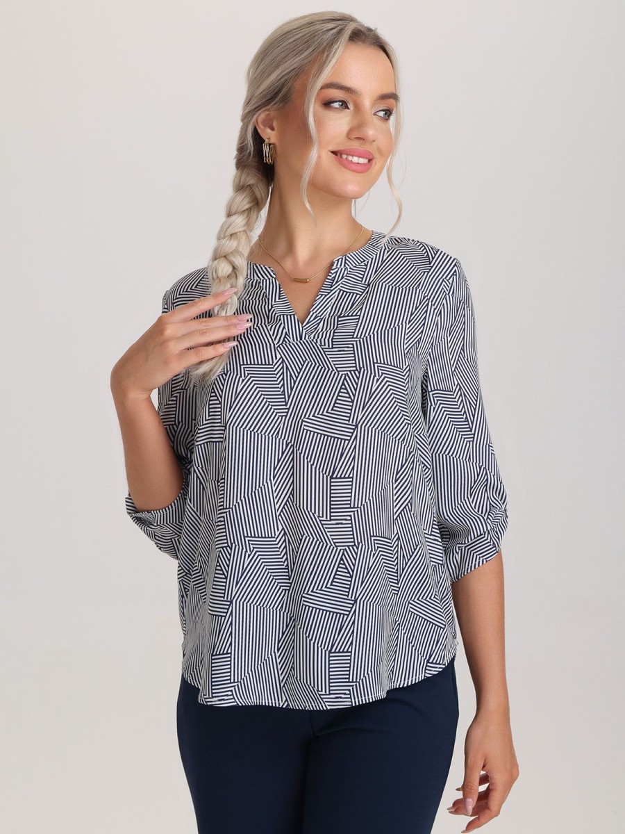 Women 89th + Madison Tops | Stripe Print Notch Neck Blouse Small Geometric Stripes Navy