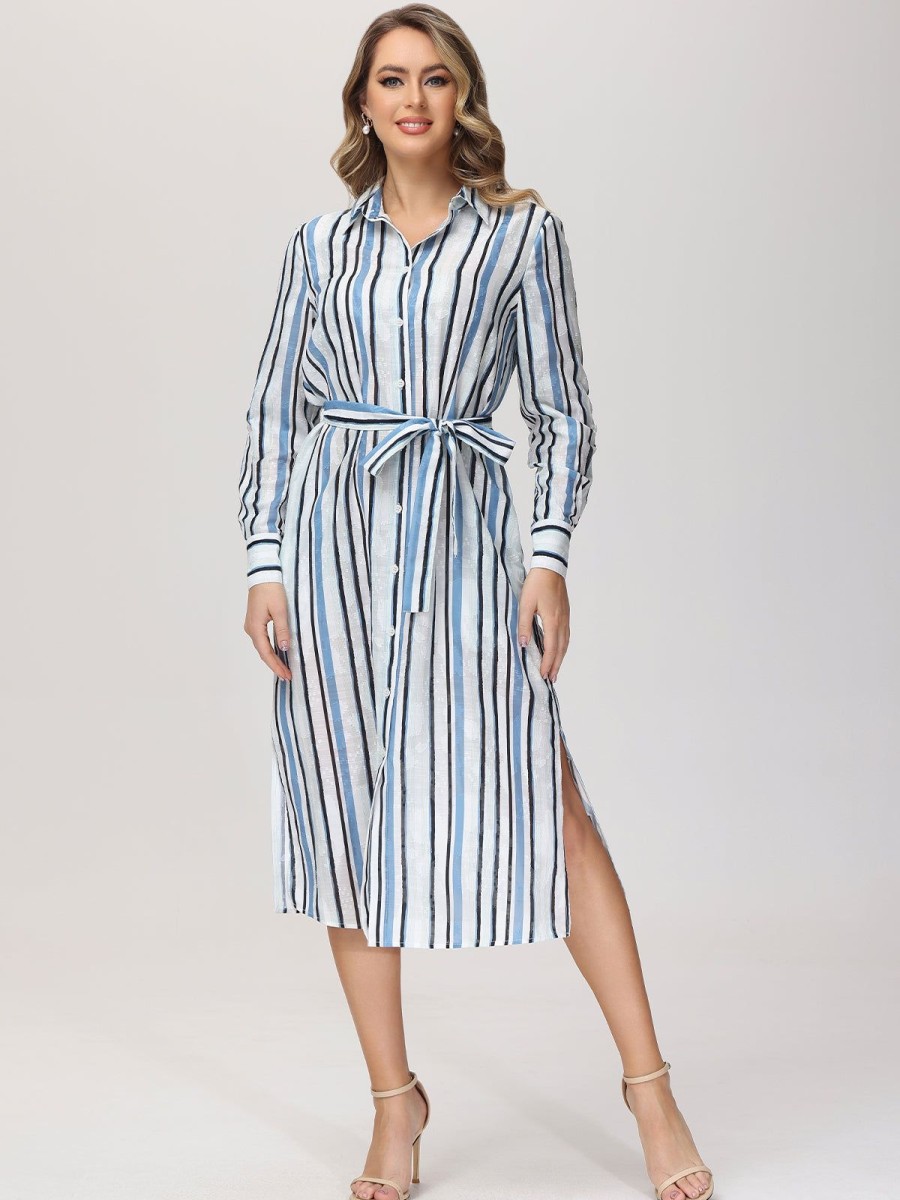 Women 89th + Madison Dresses | Stripe Belted Shirtdress Stroke Stripes Blue