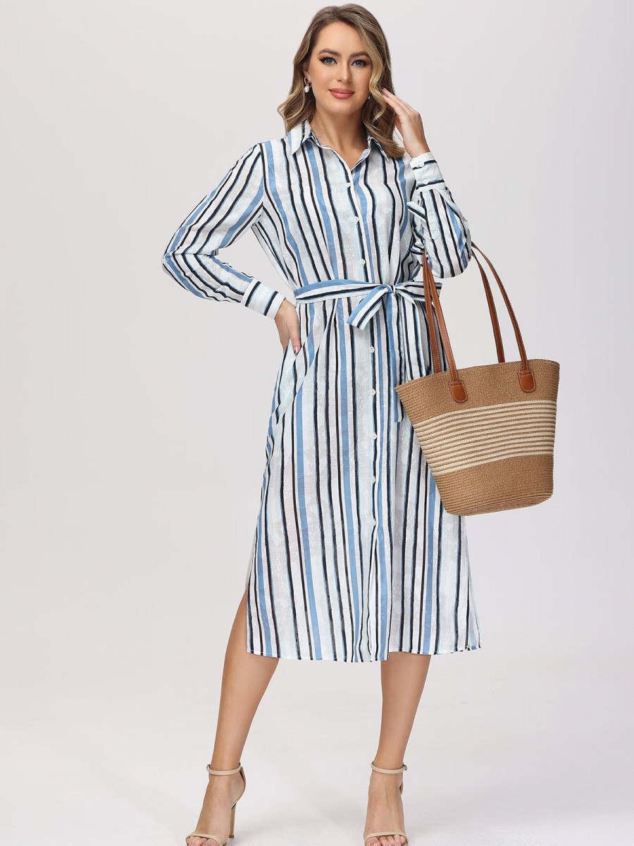 Women 89th + Madison Dresses | Stripe Belted Shirtdress Stroke Stripes Blue