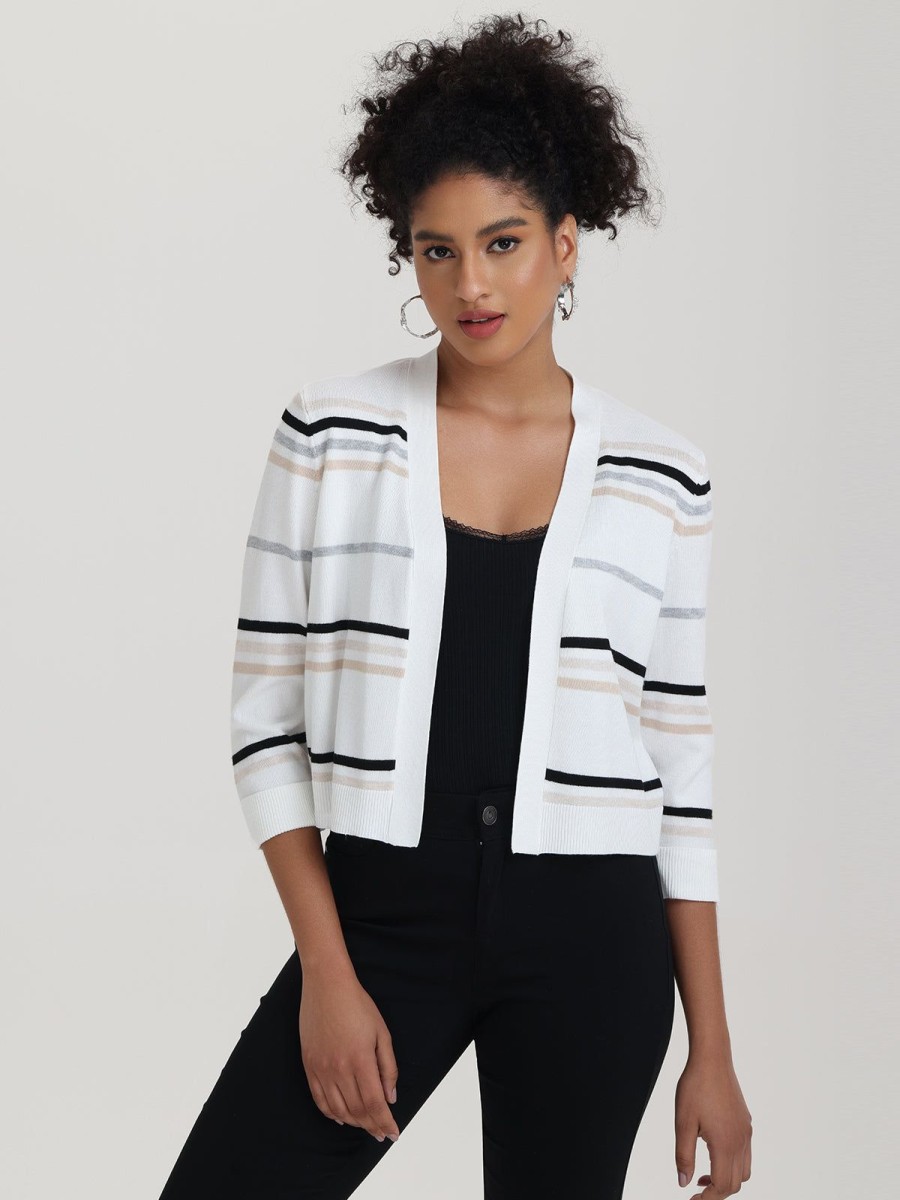 Women 89th + Madison Tops | Stripe Crop Cardigan Oatmeal Heather Combo