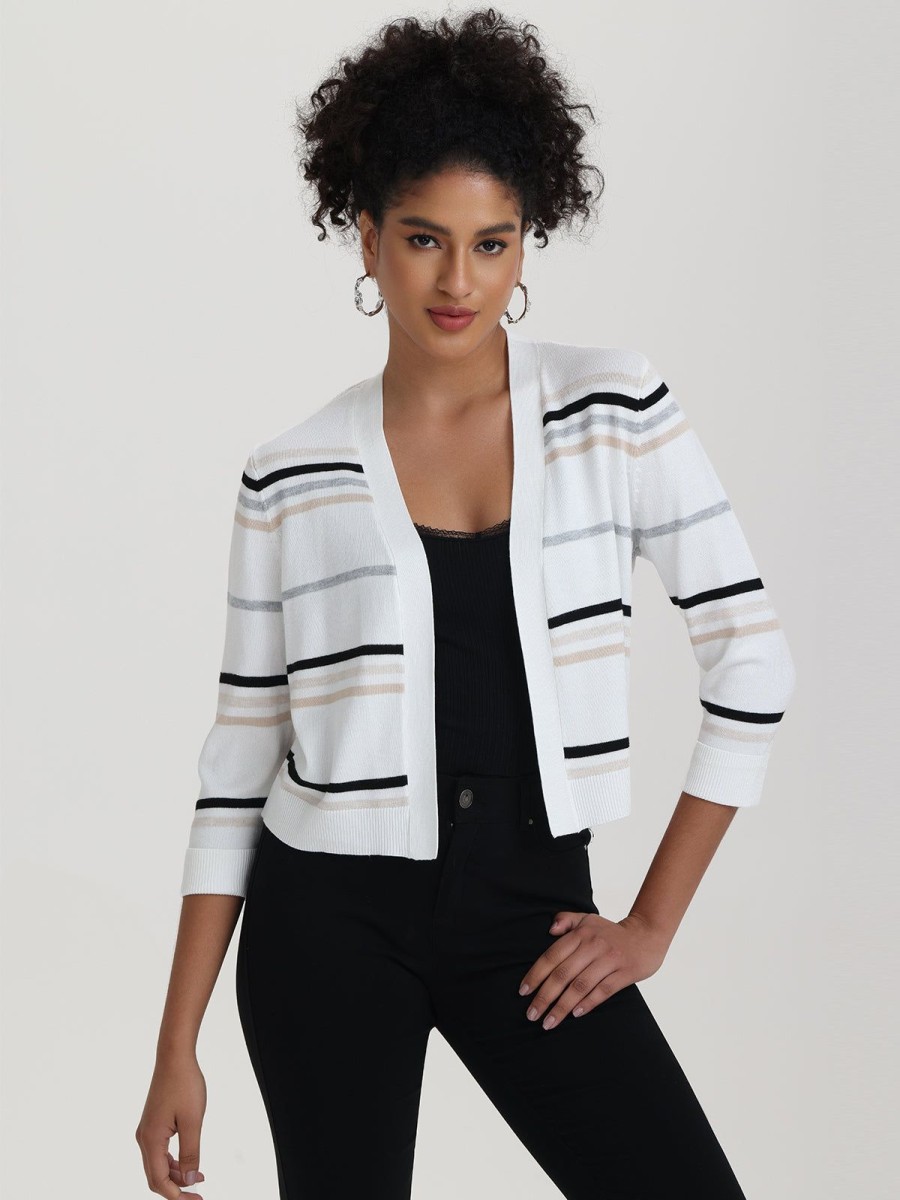 Women 89th + Madison Tops | Stripe Crop Cardigan Oatmeal Heather Combo