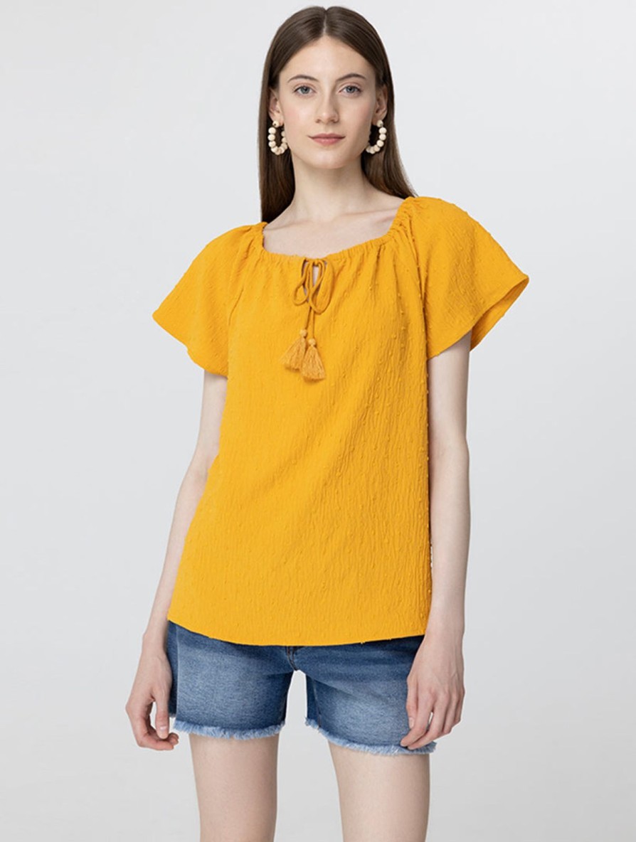 Women 89th + Madison Tops | Tassel Tie Neck Short Sleeve Top