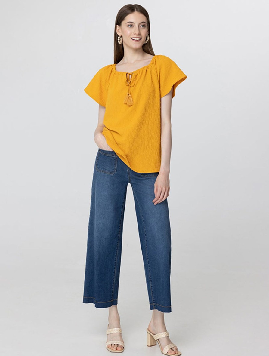 Women 89th + Madison Tops | Tassel Tie Neck Short Sleeve Top