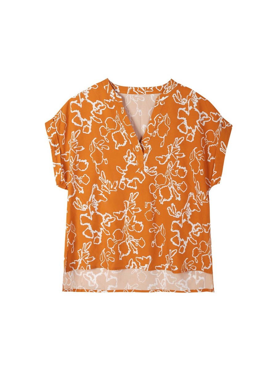 Women 89th + Madison Tops | V-Neck Floral Print Pullover Orange Ochre Combo