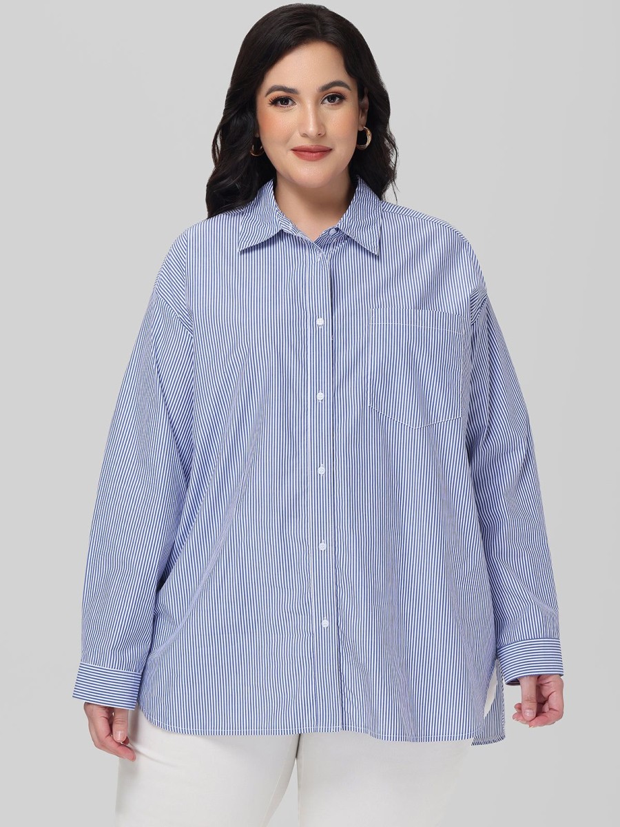 Women 89th + Madison Tops | Stripe Button Down Shirt Classic Stripes-Blue Combo