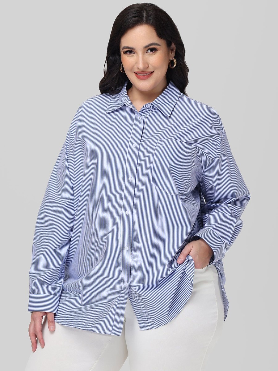 Women 89th + Madison Tops | Stripe Button Down Shirt Classic Stripes-Blue Combo