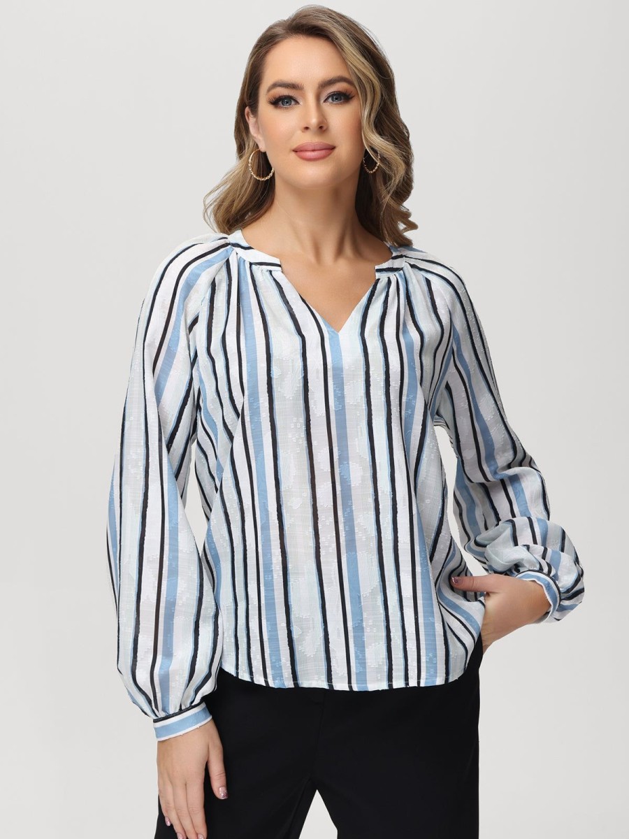 Women 89th + Madison Tops | Stripe Notch Neck Blouse Stroke Stripes Blue