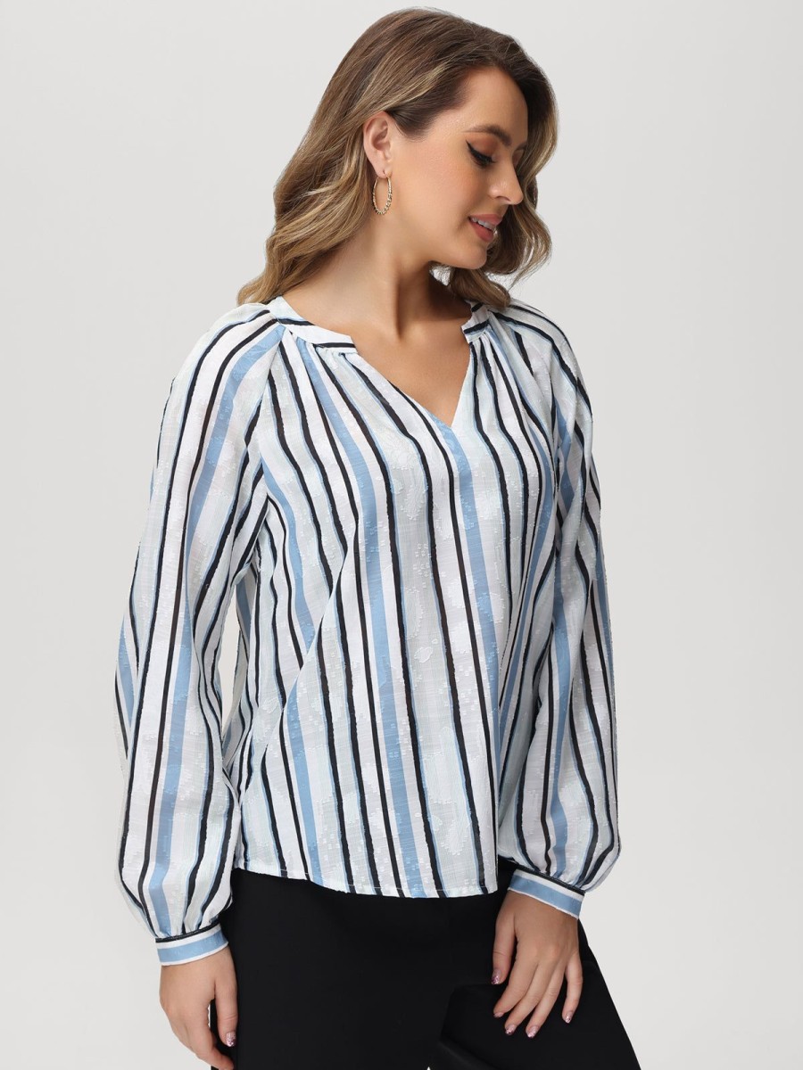 Women 89th + Madison Tops | Stripe Notch Neck Blouse Stroke Stripes Blue