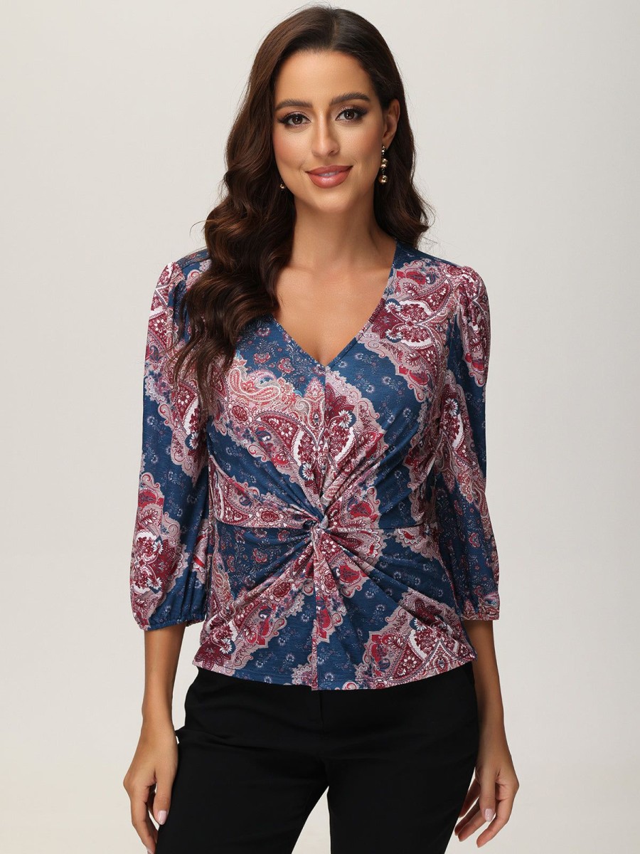 Women 89th + Madison Tops | Floral Puff Sleeve Top Red/Navy Paisley