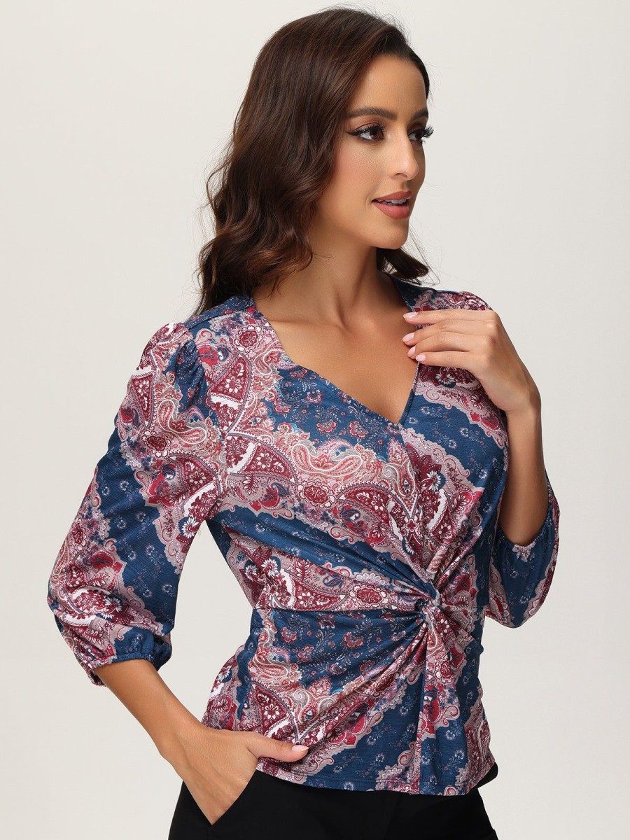 Women 89th + Madison Tops | Floral Puff Sleeve Top Red/Navy Paisley