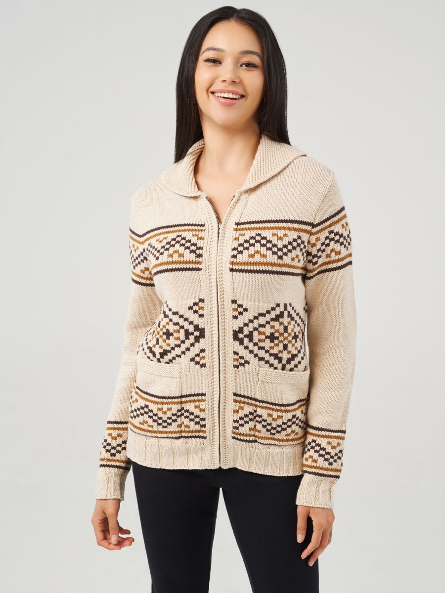 Women 89th + Madison Tops | Jacquard Turn-Down Collar Zipper Cardigan Oatmeal Heather Combo