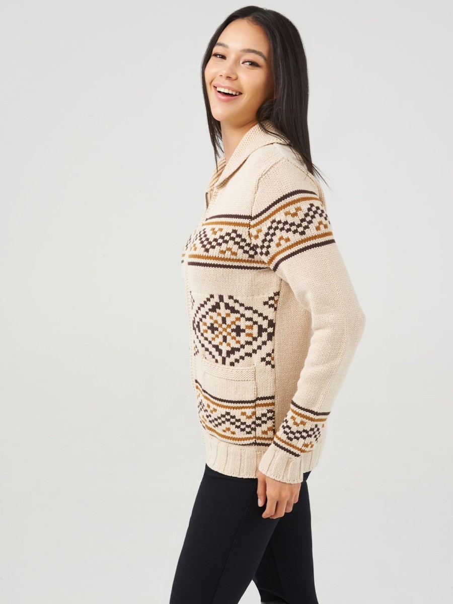 Women 89th + Madison Tops | Jacquard Turn-Down Collar Zipper Cardigan Oatmeal Heather Combo