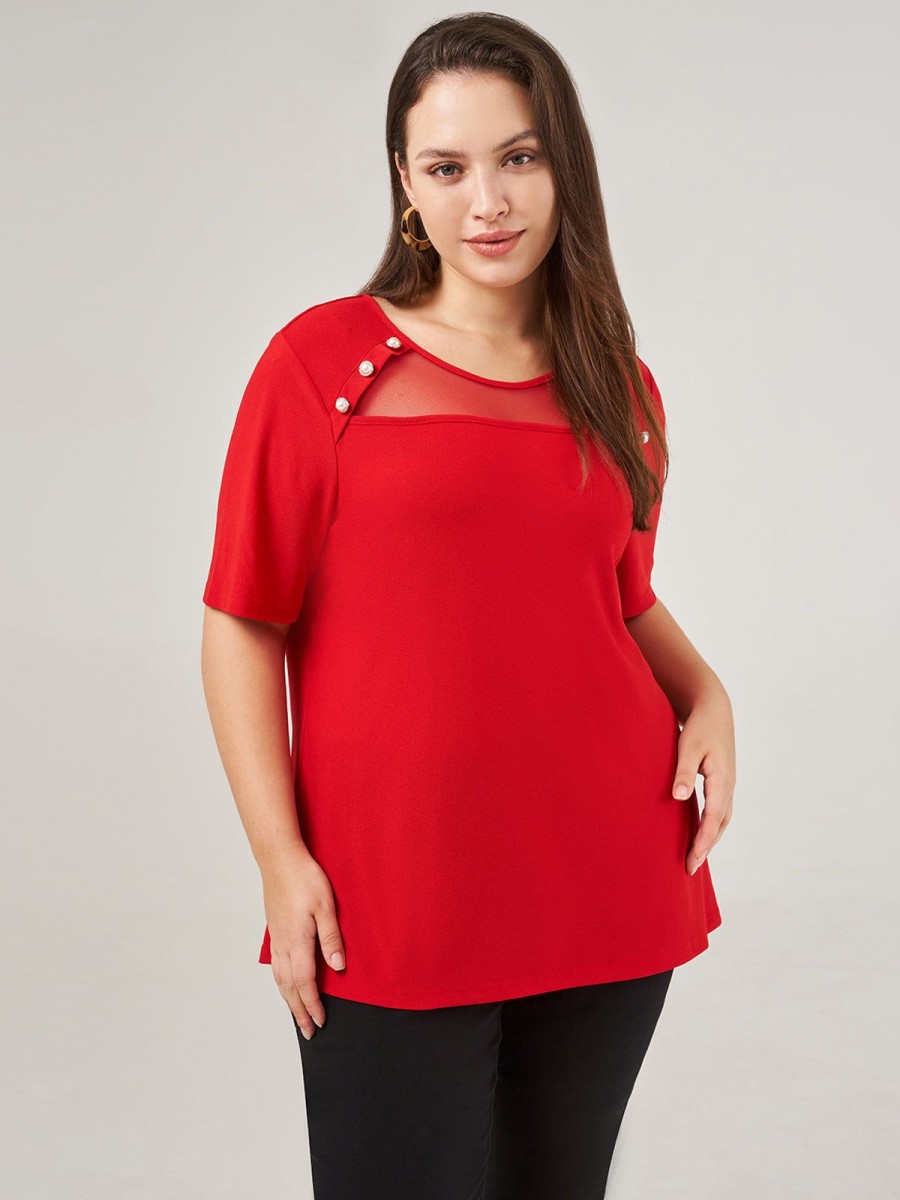 Women 89th + Madison Tops | Mesh Inset Pearl Button Top