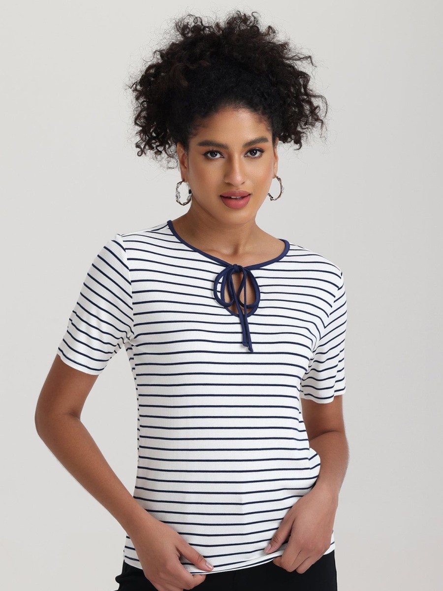 Women 89th + Madison Tops | Stripe Tie Neck Short Sleeve Top