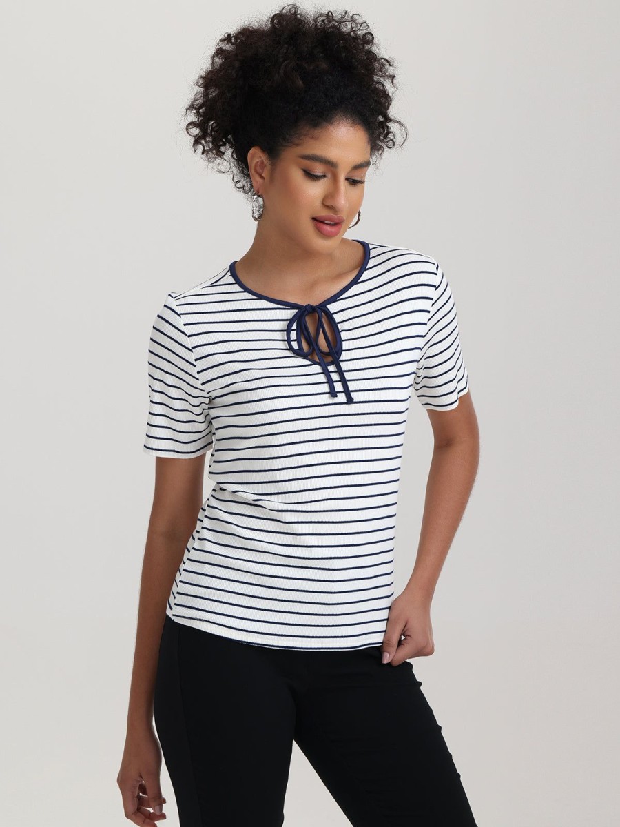 Women 89th + Madison Tops | Stripe Tie Neck Short Sleeve Top