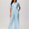 Women 89th + Madison Dresses | Floral Short Sleeve Jumpsuit Monochrome Paisley Blue