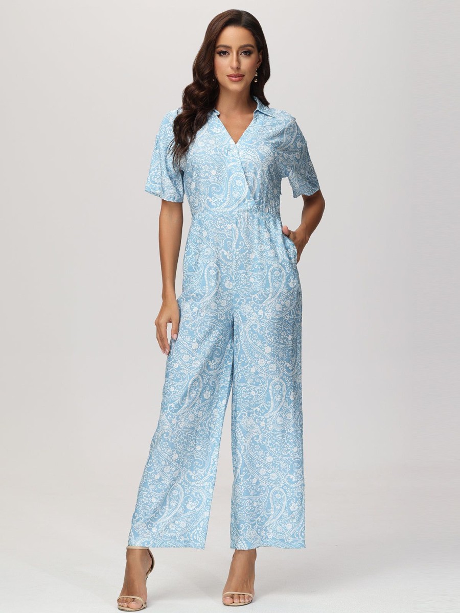 Women 89th + Madison Dresses | Floral Short Sleeve Jumpsuit Monochrome Paisley Blue