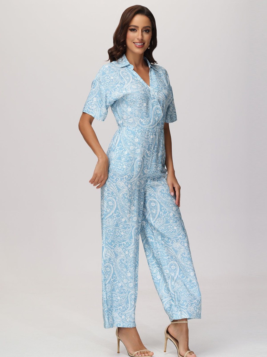 Women 89th + Madison Dresses | Floral Short Sleeve Jumpsuit Monochrome Paisley Blue