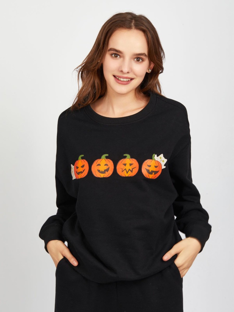 Women 89th + Madison Tops | Spooky Pumpkins Graphic Sweatshirt Black