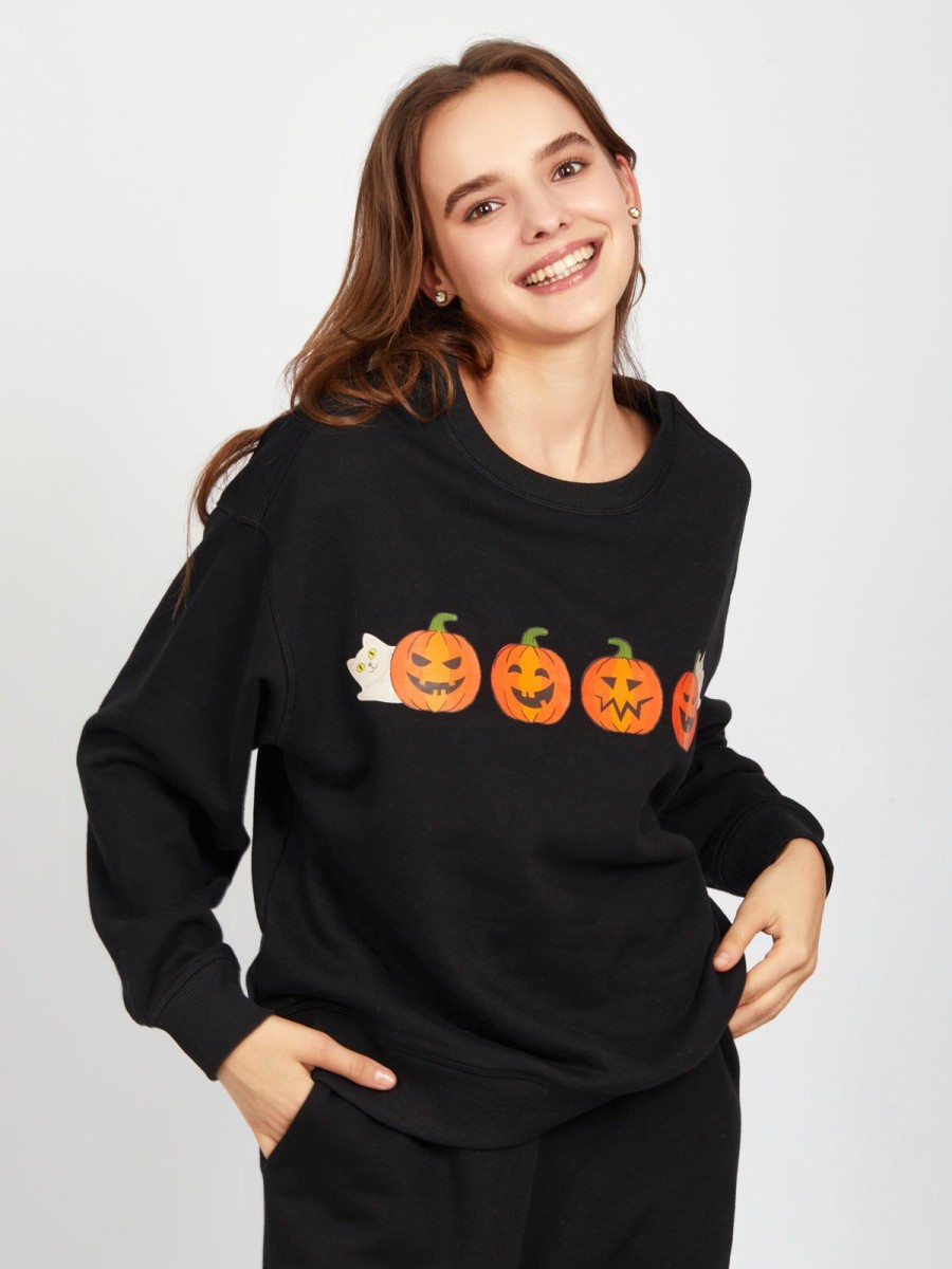 Women 89th + Madison Tops | Spooky Pumpkins Graphic Sweatshirt Black