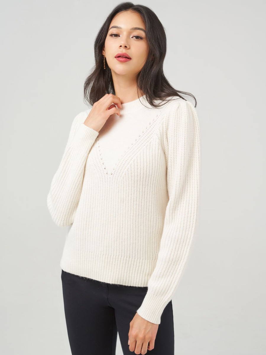 Women 89th + Madison Tops | Shaker With V-Yoke Crewneck Puff Sleeve Pullover