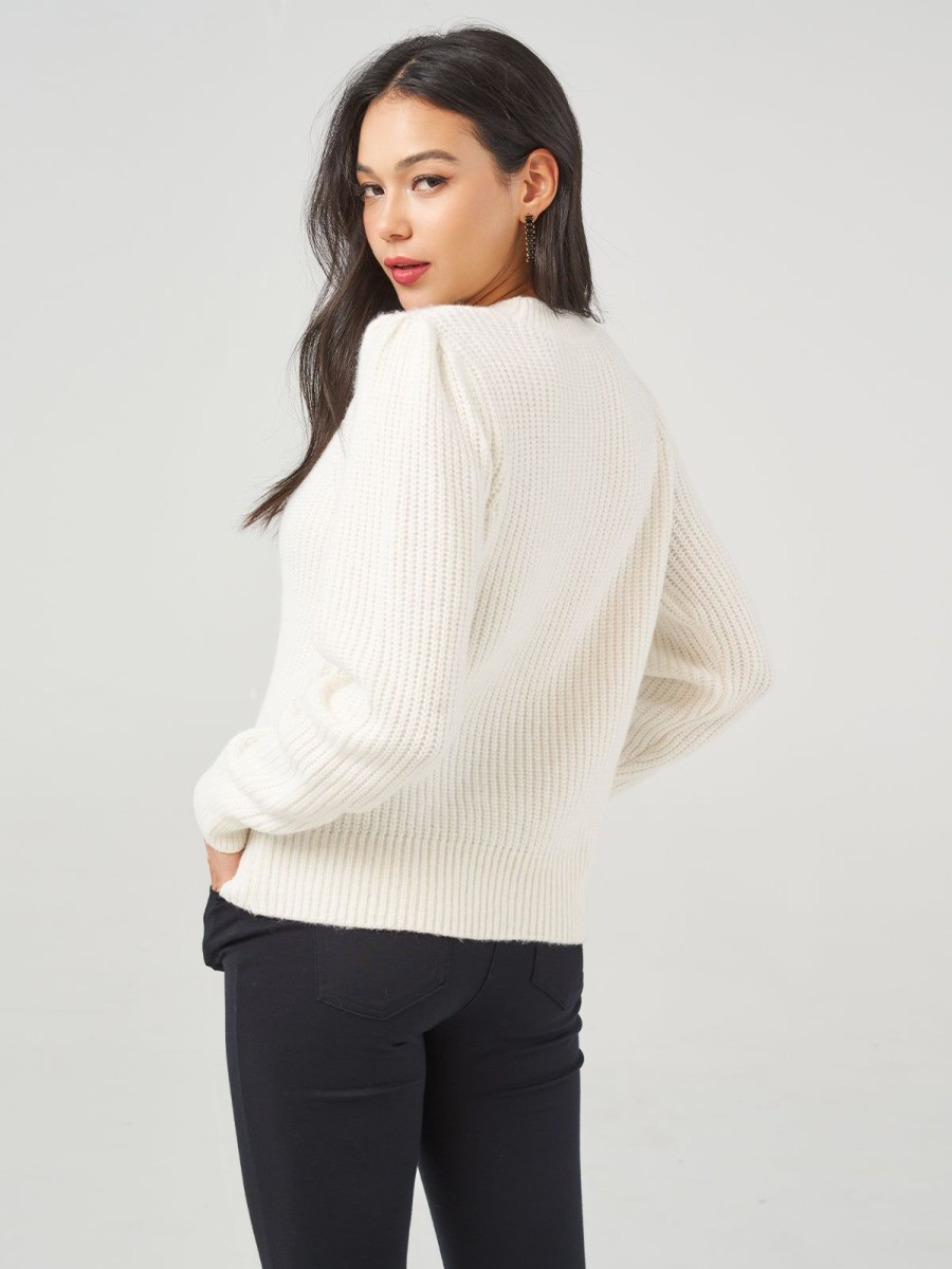 Women 89th + Madison Tops | Shaker With V-Yoke Crewneck Puff Sleeve Pullover