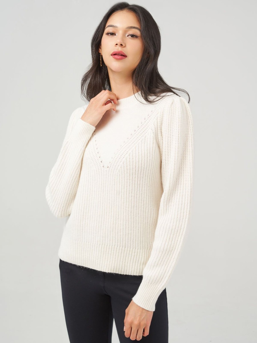 Women 89th + Madison Sweaters & Cardigans | Shaker With V-Yoke Crewneck Puff Sleeve Pullover