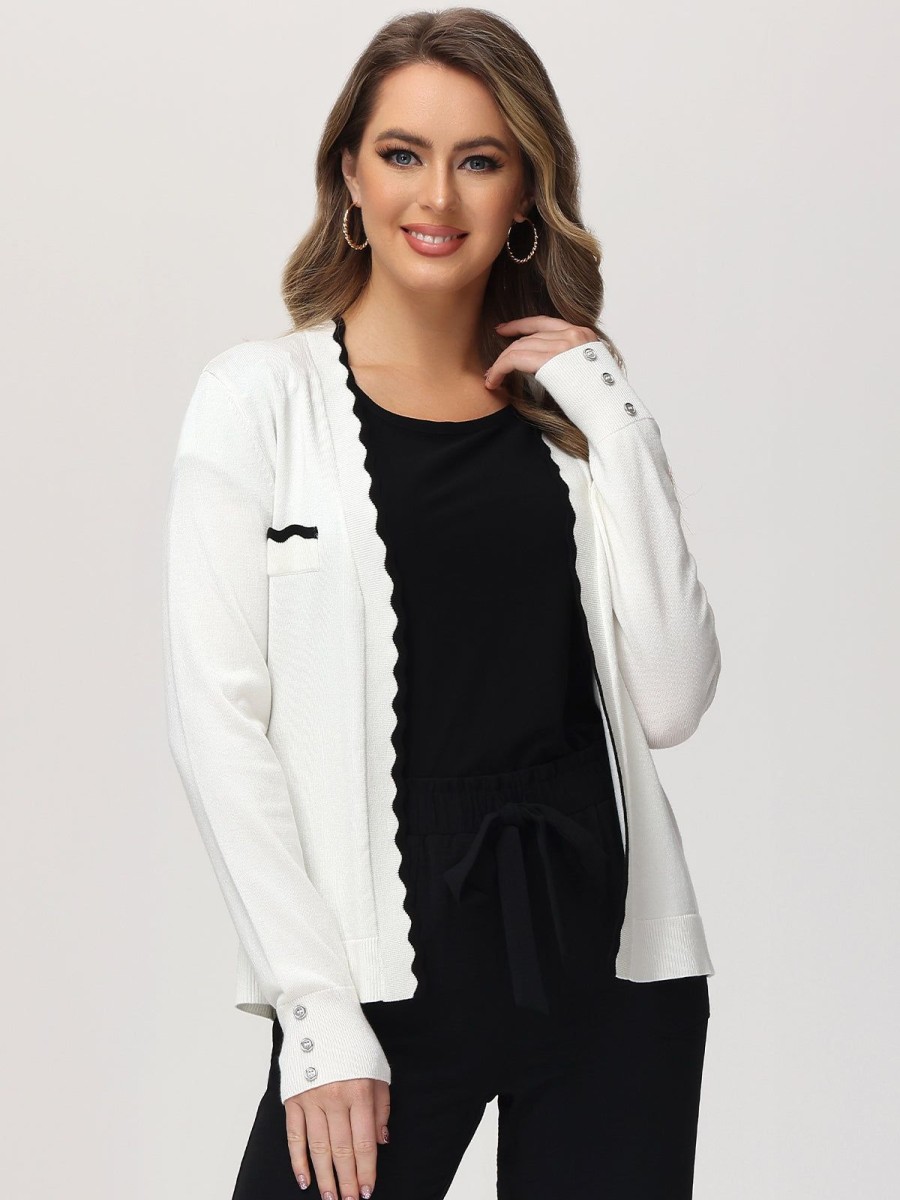 Women 89th + Madison Tops | Tipped Scallop Trim Cardigan Egret Combo