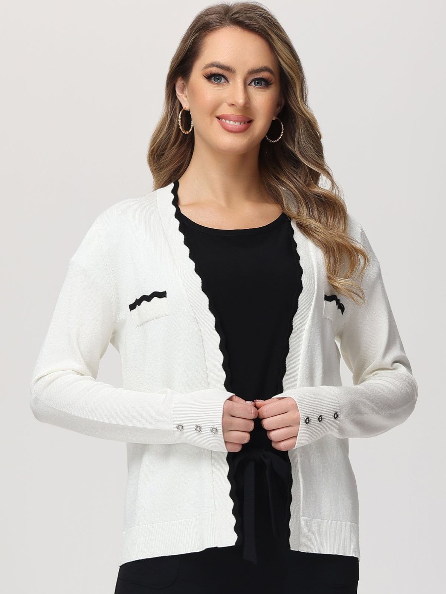 Women 89th + Madison Tops | Tipped Scallop Trim Cardigan Egret Combo