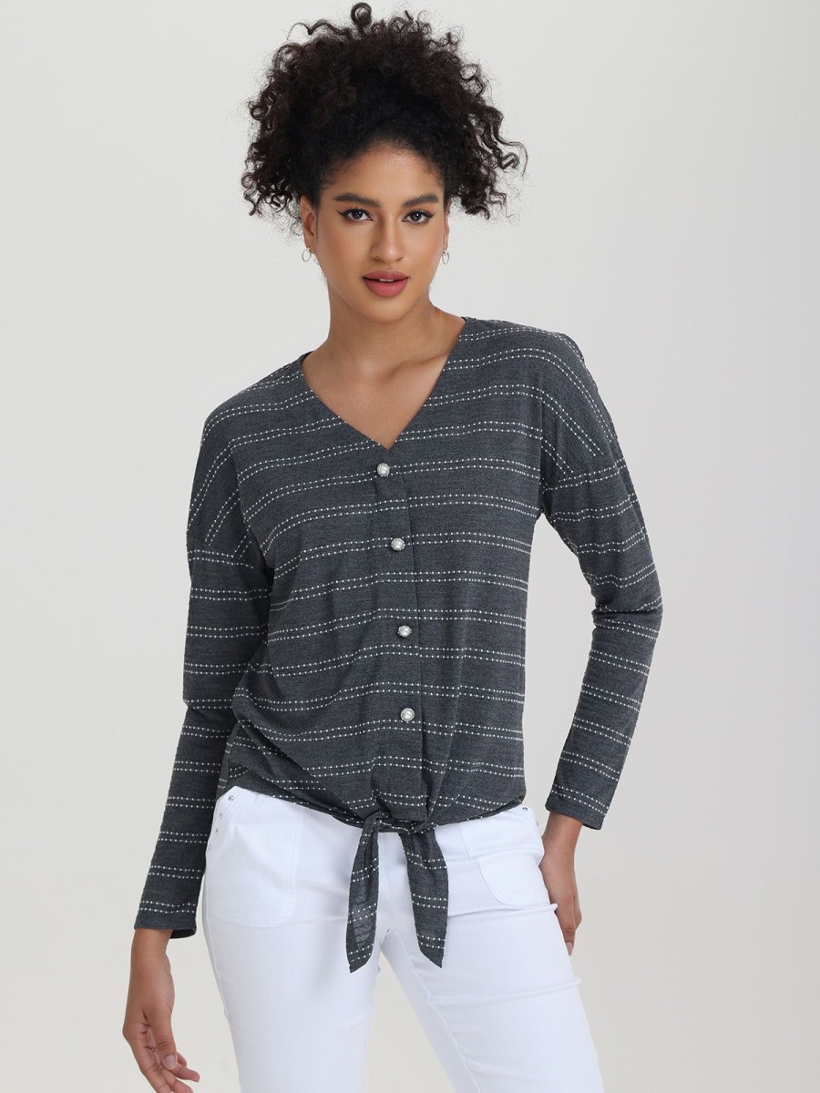 Women 89th + Madison Tops | Stripe V-Neck Tie Front Top Anthracite