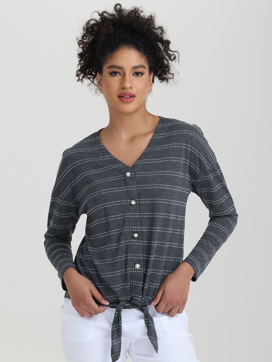 Women 89th + Madison Tops | Stripe V-Neck Tie Front Top Anthracite