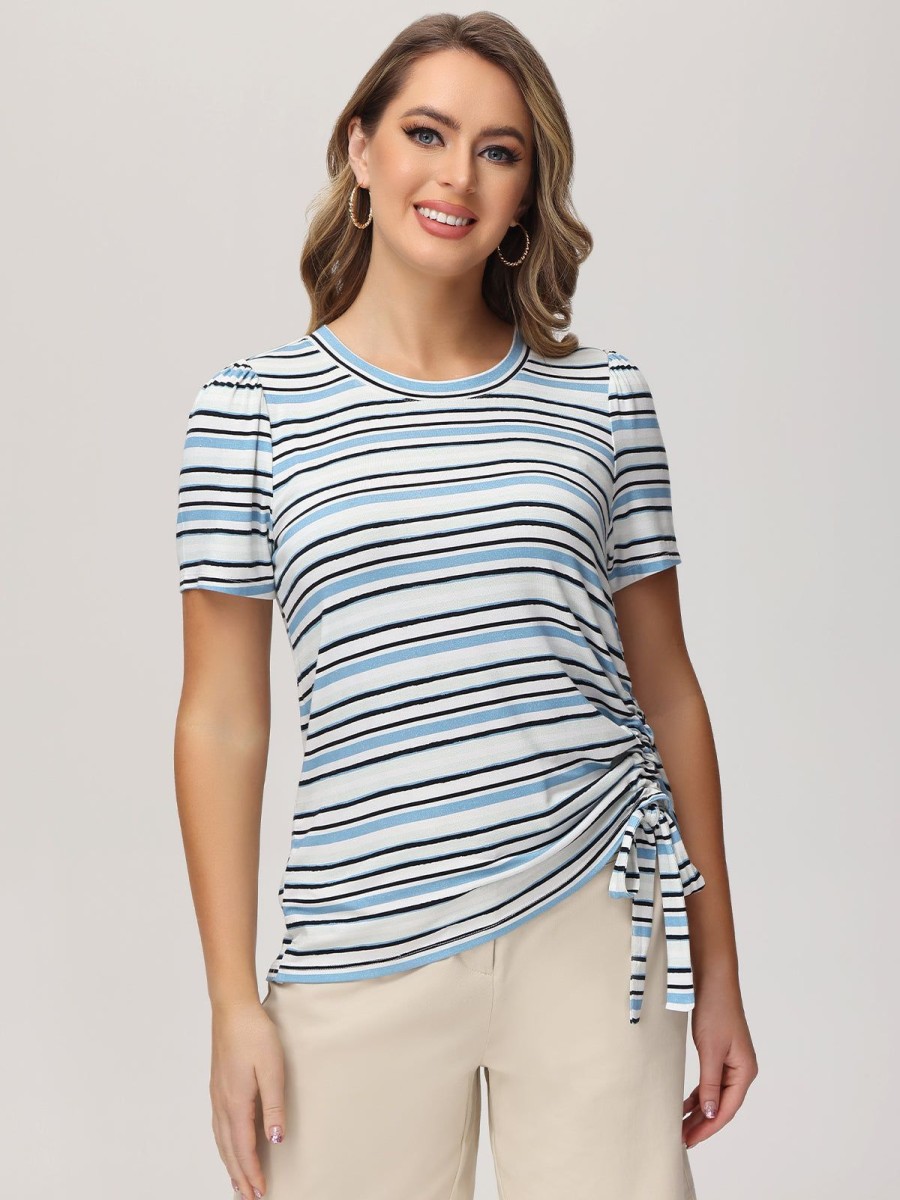 Women 89th + Madison Tops | Stripe Ruched Side Tee Horizontal Stroke Blue