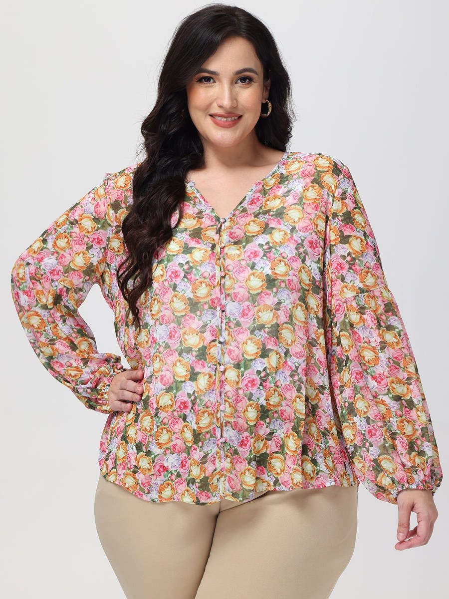 Women 89th + Madison Tops | Floral Button-Up Top Full House Pink