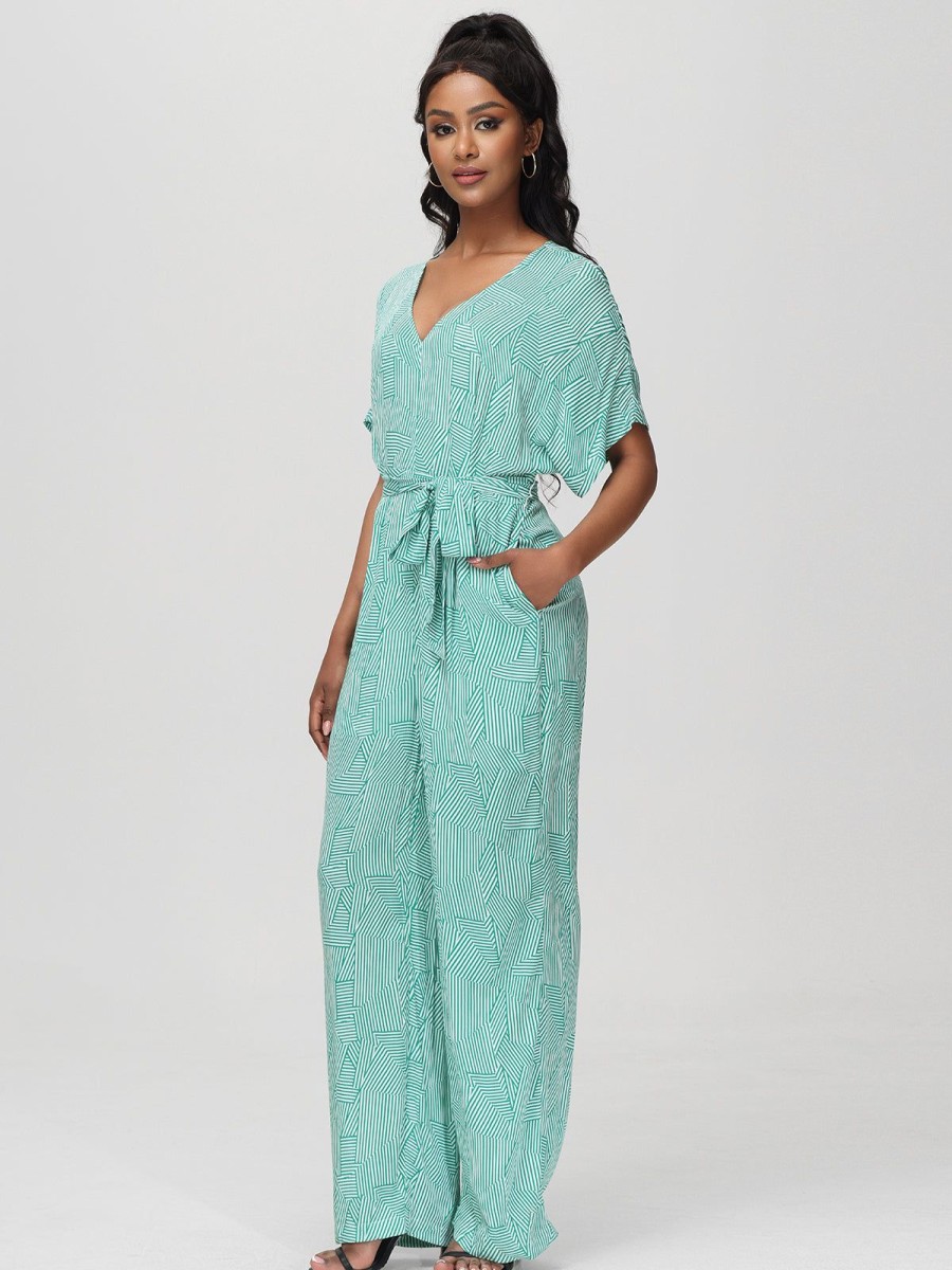 Women 89th + Madison Dresses | Stripe Geometric Print Jumpsuit Small Geometric Green