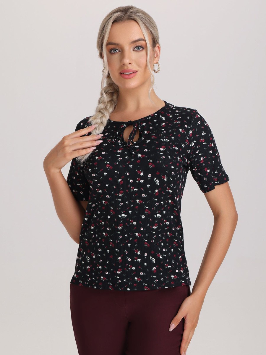 Women 89th + Madison Tops | Floral Tie Neck Short Sleeve Top Tossed Ditsy Black