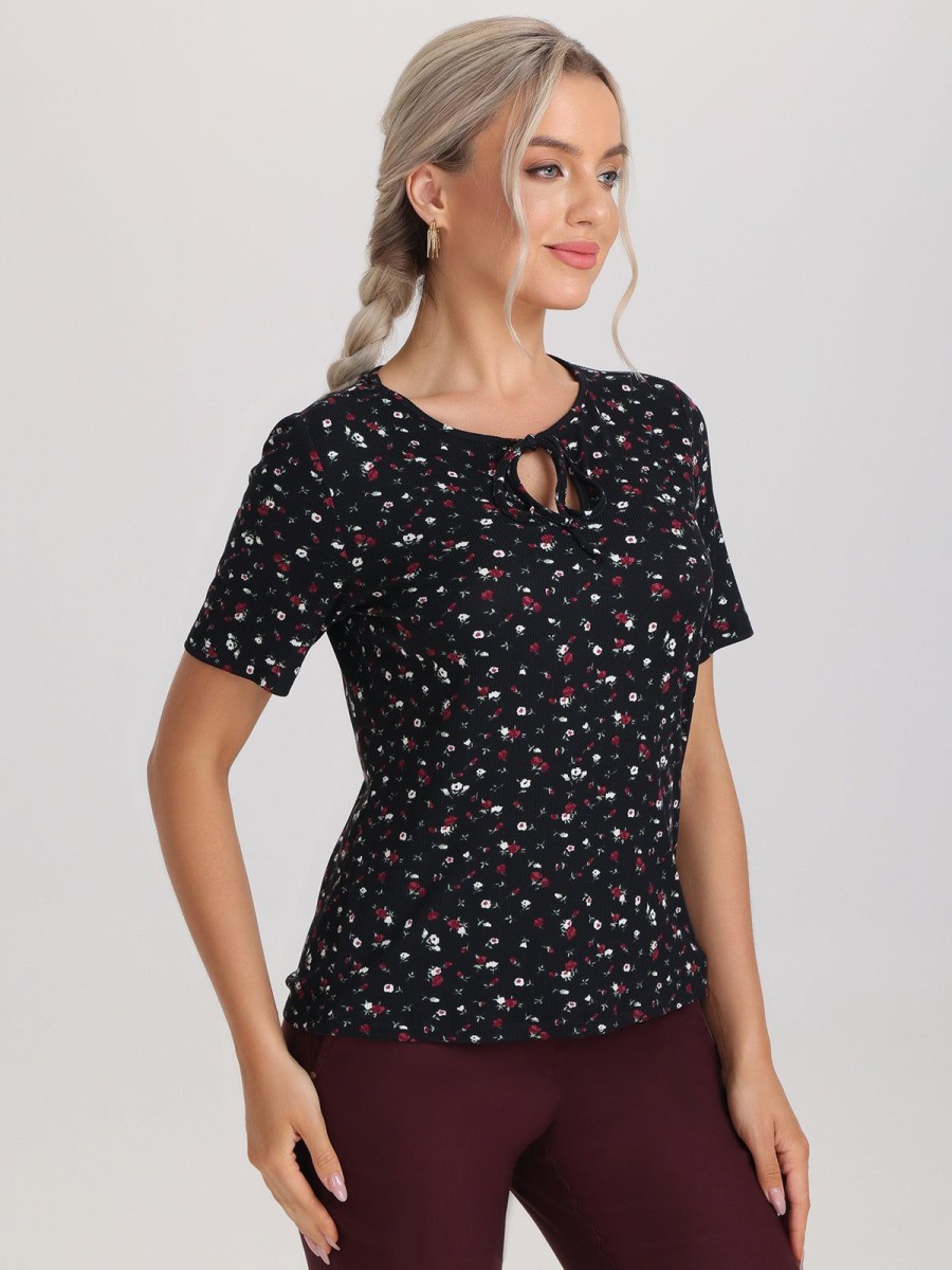 Women 89th + Madison Tops | Floral Tie Neck Short Sleeve Top Tossed Ditsy Black