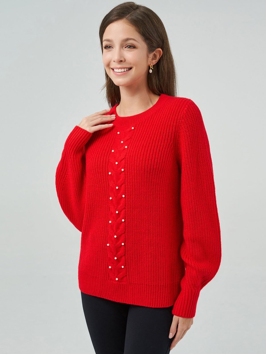 Women 89th + Madison Sweaters & Cardigans | Pearls Cable With Shaker Crewneck Pullover