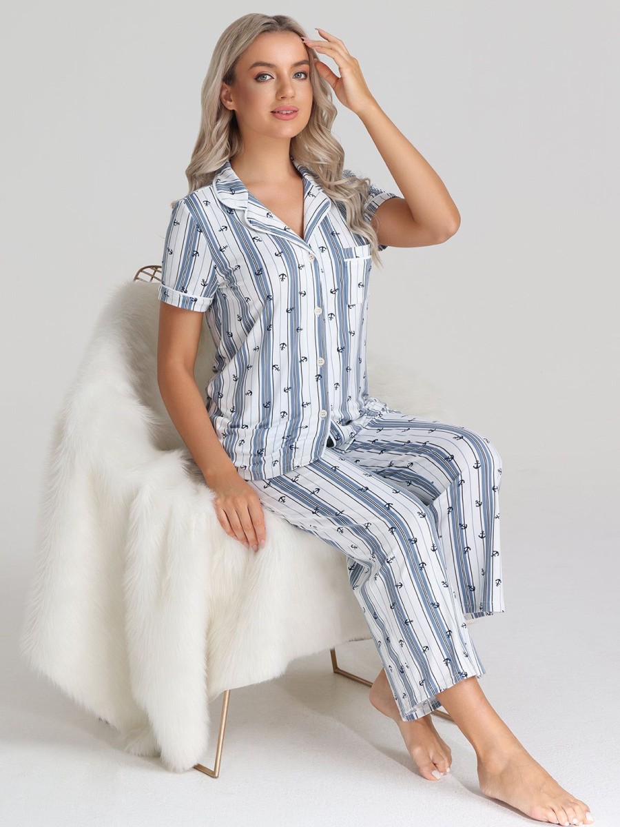 Women 89th + Madison Sleepwear | Stripe Pajamas Set Baltic Sea Combo