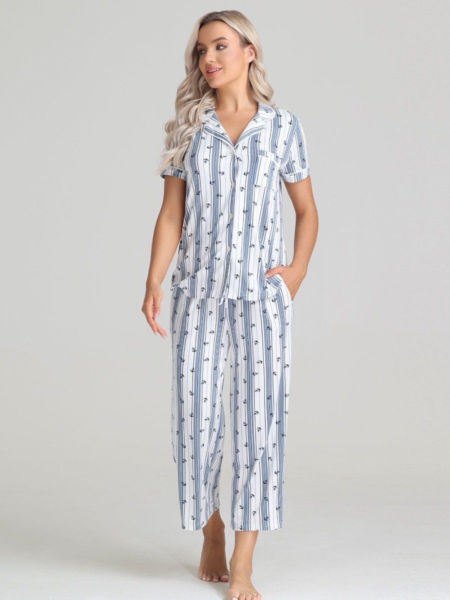 Women 89th + Madison Sleepwear | Stripe Pajamas Set Baltic Sea Combo