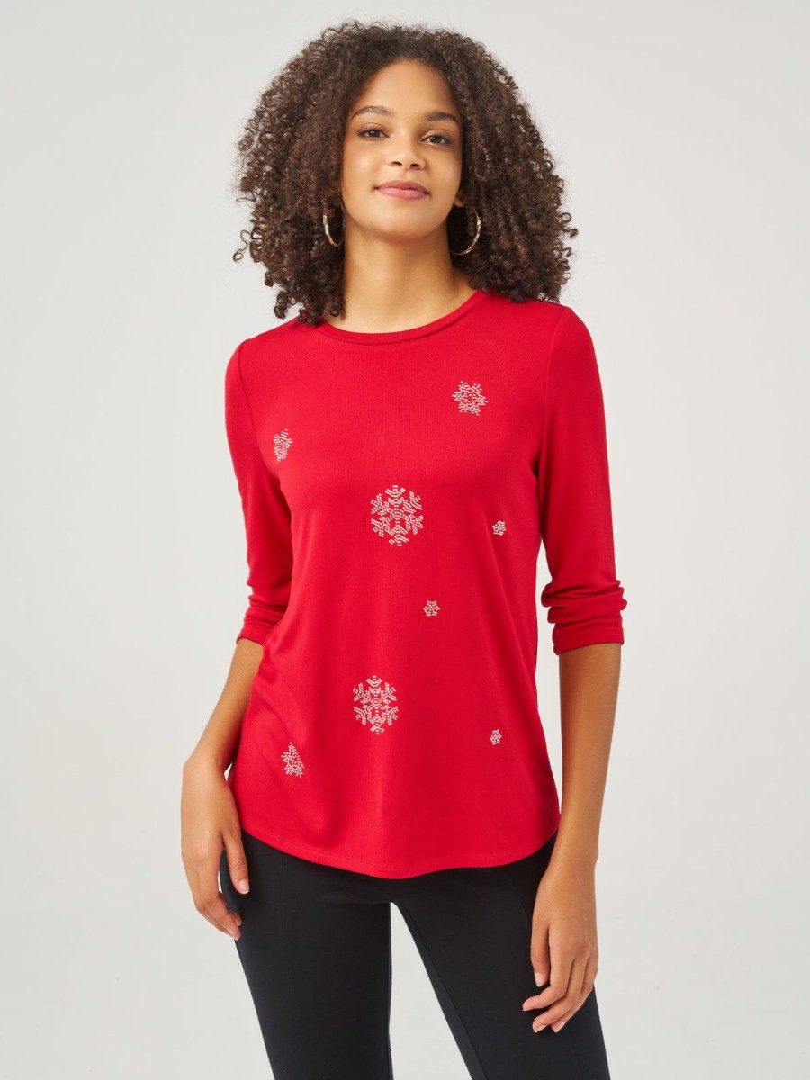 Women 89th + Madison Sweaters & Cardigans | Rhinestone Snowflake Embellished Tee Racing Red