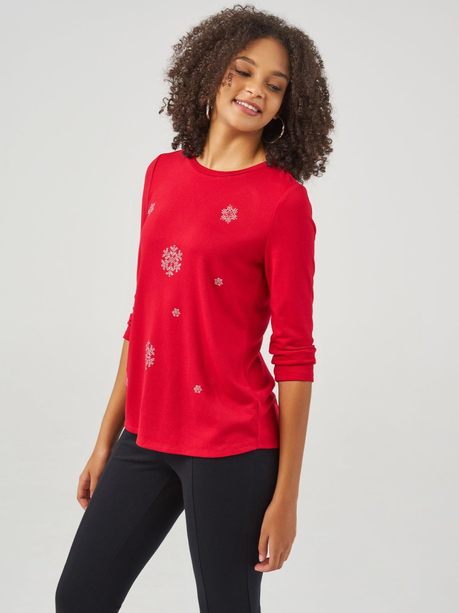 Women 89th + Madison Sweaters & Cardigans | Rhinestone Snowflake Embellished Tee Racing Red