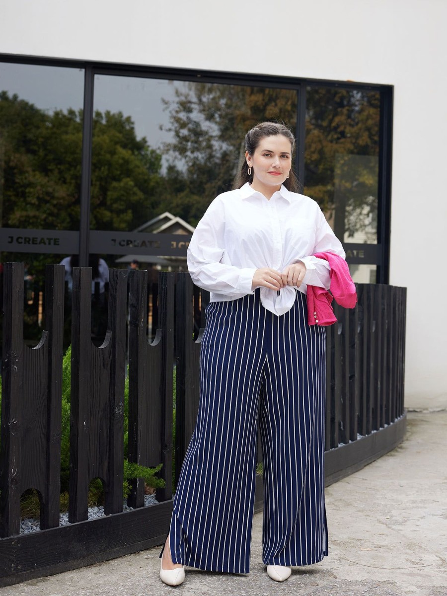 Women 89th + Madison Pants | High-Rise Stripe Wide Leg Pants Navy Blue Combo