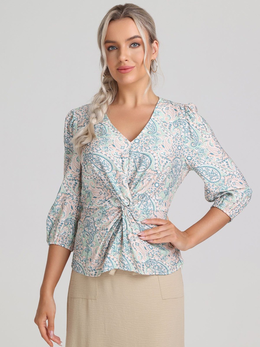 Women 89th + Madison Tops | Floral Puff Sleeve Top Four Color Paisley