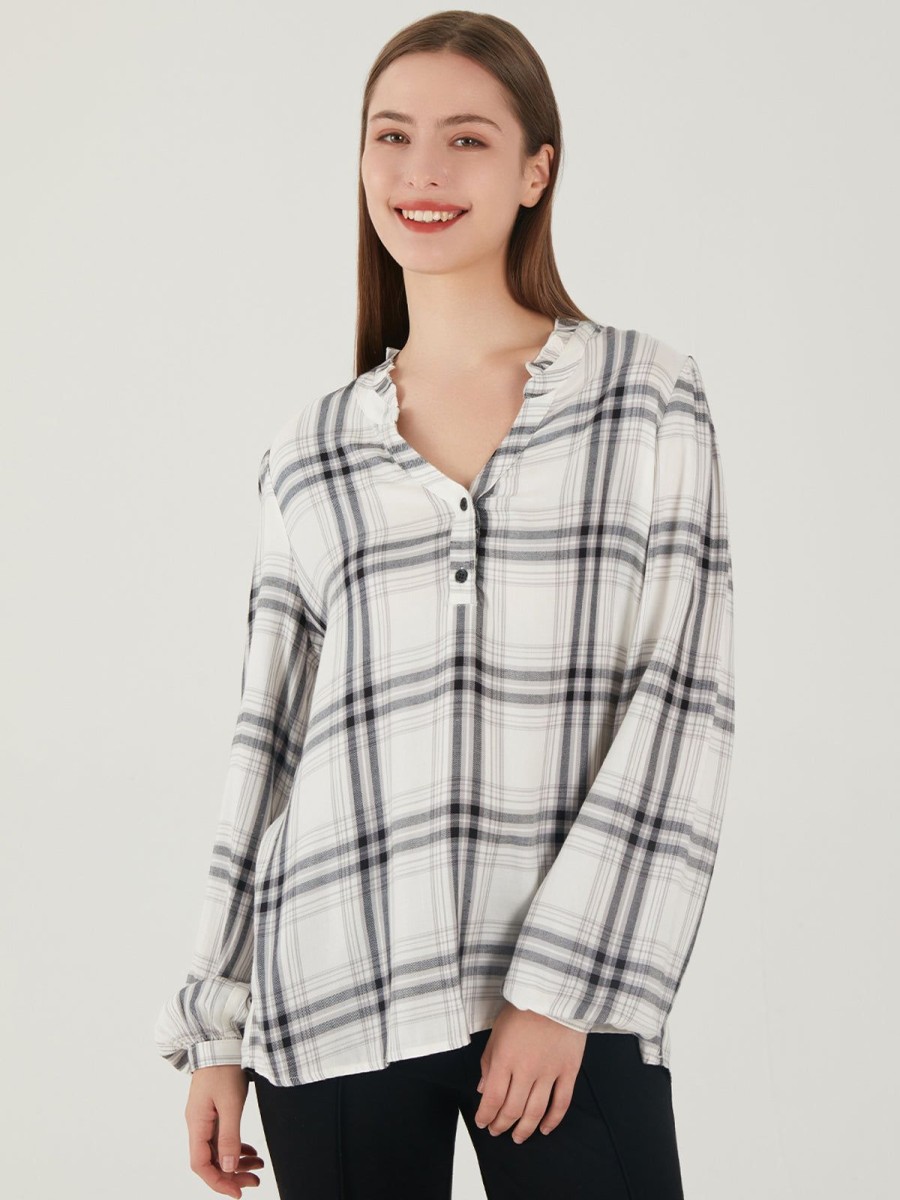 Women 89th + Madison Tops | Plaid Puff Sleeve Blouse Black And White Check Combo