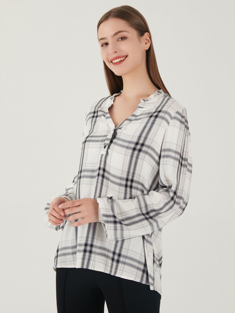 Women 89th + Madison Tops | Plaid Puff Sleeve Blouse Black And White Check Combo