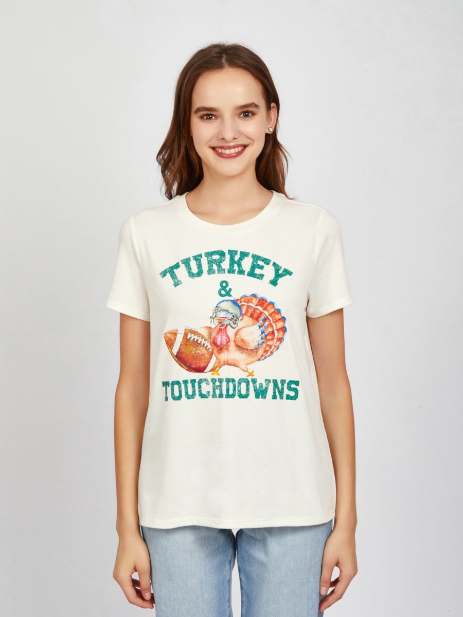 Women 89th + Madison Tops | Turkey & Touchdowns Graphic Tee Lvory